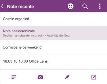 Lista Note recente din OneNote pentru Android