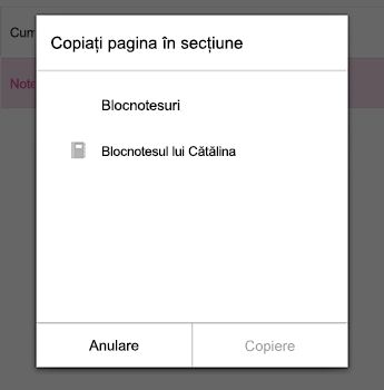 Meniul Copiere pagină din OneNote pentru Android