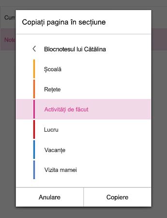 Meniul Copiere pagină în secțiune din OneNote pentru Android