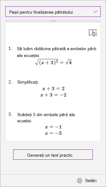 Pașii pentru soluții din panoul de activități Asistent de matematică
