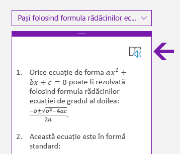 Pictograma Immersive Reader din panoul Matematică în OneNote pentru Windows 10