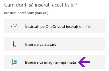 Opțiunea imprimare fișier în OneNote pentru Windows 10