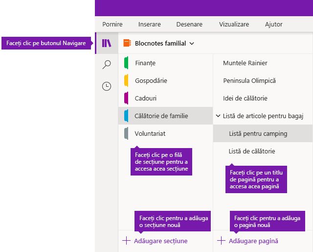 Secțiuni și pagini din OneNote pentru Windows 10