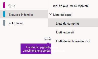 Redimensionarea panourilor de navigare în OneNote pentru Windows 10