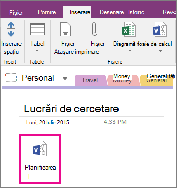 Captură de ecran cu atașarea unui fișier Visio la o pagină din OneNote 2016.