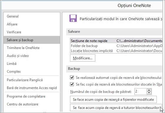 Screenshot of the OneNote Options dialog box in OneNote 2016.