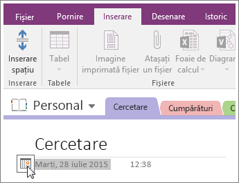 Captură de ecran cu modificarea mărcii de dată a unei pagini în OneNote 2016.