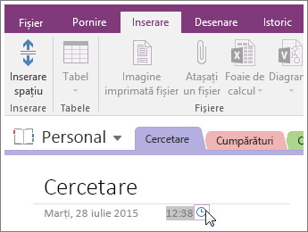 Captură de ecran cu modificarea mărcii de timp de pe o pagină din OneNote 2016.