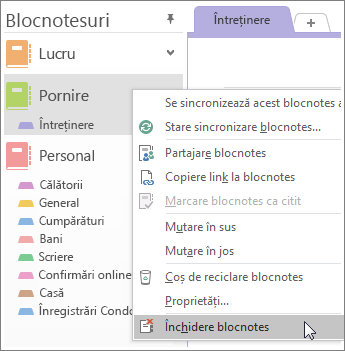 Captură de ecran cu închiderea unui blocnotes în OneNote 2016.