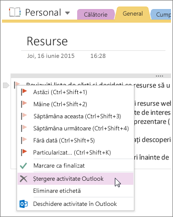 Captură de ecran despre cum să ștergeți o activitate Outlook în OneNote 2016.
