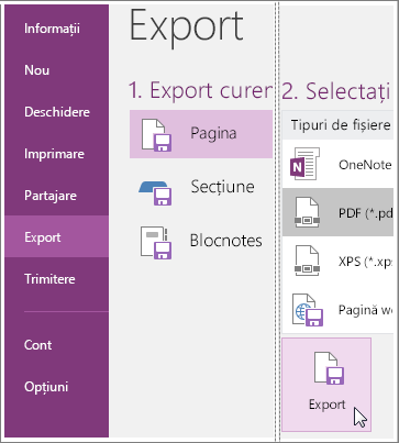 Captură de ecran cu instrucțiuni pentru exportul unei pagini de note în OneNote 2016.