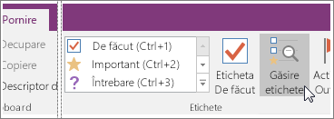Captură de ecran cu butonul Găsire etichete din OneNote 2016