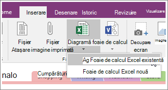Captură de ecran a butonului Inserare foaie de calcul în OneNote 2016.