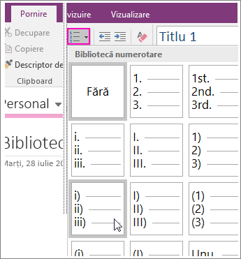 Captură de ecran cu adăugarea unei numerotări pe o pagină din OneNote 2016.