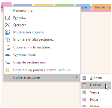Screenshot of how to change a section color in OneNote 2016.