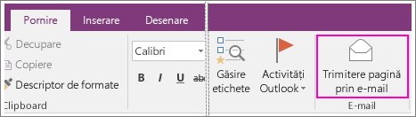 Captură de ecran a butonului Trimitere pagină prin e-mail din OneNote 2016.
