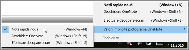 Captură de ecran cu bara de sistem cu opțiuni OneNote.