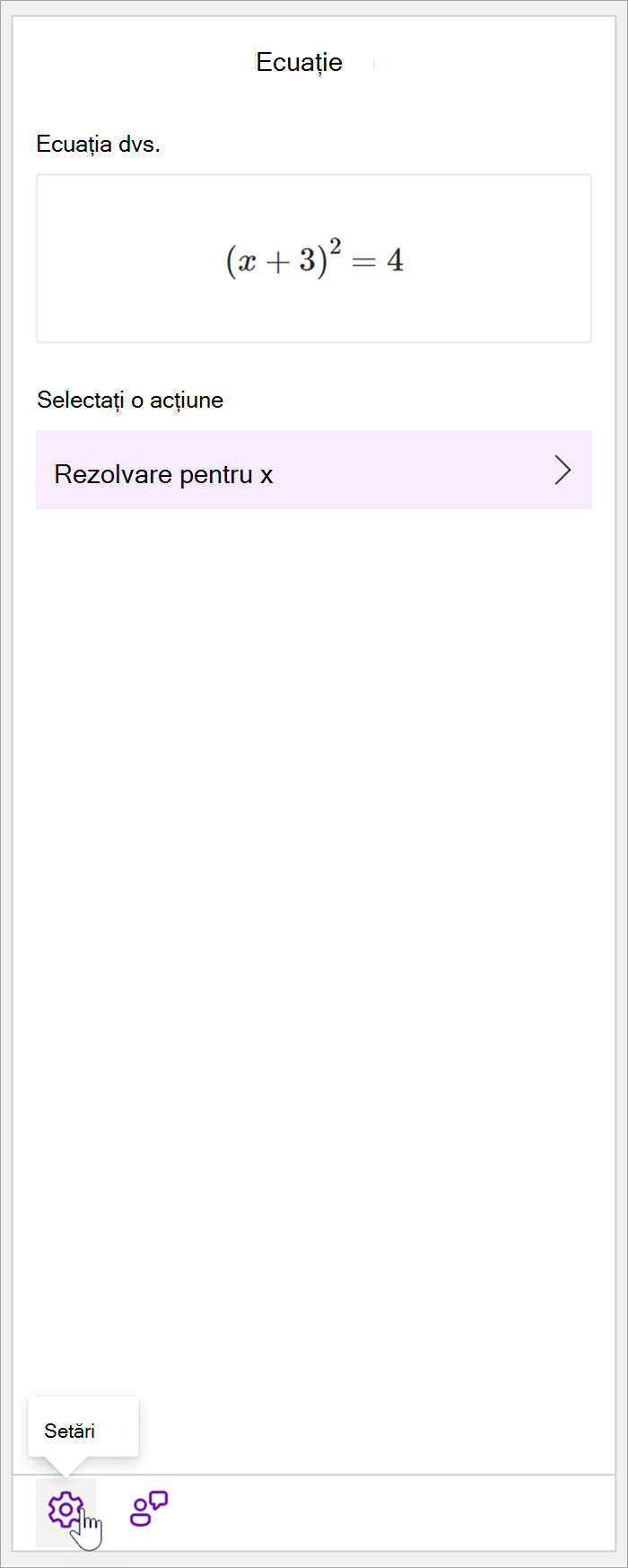 Captură de ecran a panoului de matematică din OneNote pentru desktop cu ecuația (x+3)^2=4. În secțiunea Selectați o acțiune, singura acțiune disponibilă este Rezolvare înainte de x.