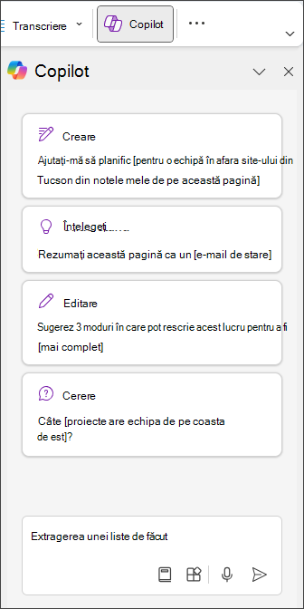 Tastați Extragere listă de făcut în panoul Copilot din OneNote
