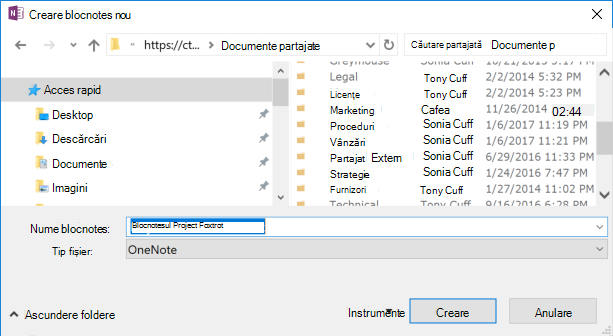 Caseta de dialog Creare blocnotes nou din OneNote pentru Windows 2016