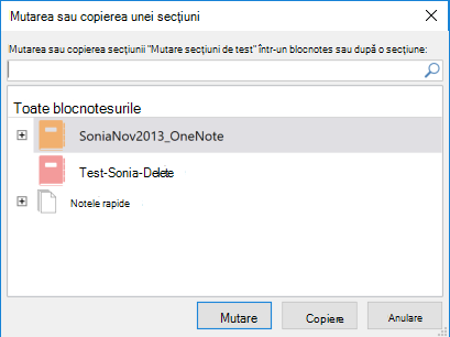 Caseta de dialog Mutare sau copiere secțiune din OneNote pentru Windows 2016