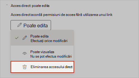 Captură de ecran OneNote care arată cum să eliminați accesul la partajare directă