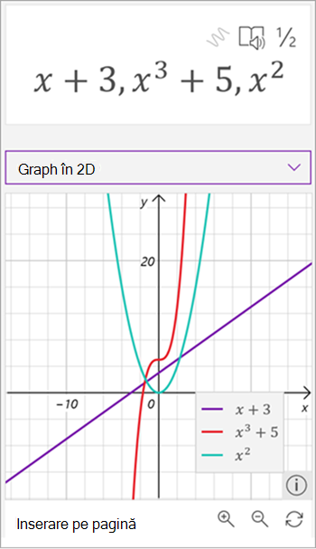 Captură de ecran cu Asistentul de matematică generat de un grafic cu trei ecuații, x plus 3 în violet, x la al treilea plus 5 în roșu și X la pătrat în verde.