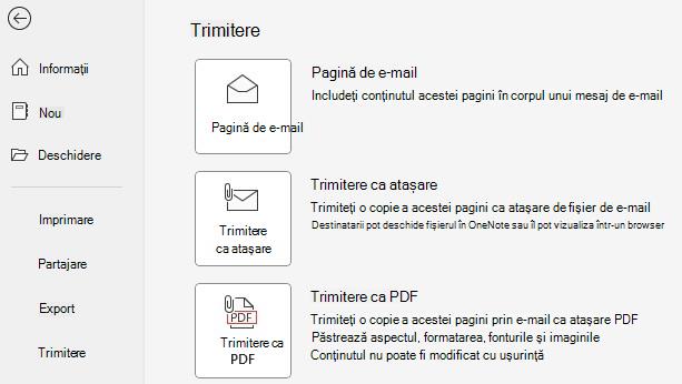 captură de ecran a butoanelor Trimitere ca atașare și Trimitere ca PDF.