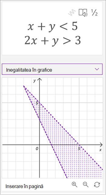 Captură de ecran cu graficul ecuațiilor generat de asistentul matematic x plus y este mai mic decât 5, 2x plus y este mai mare decât 3, ambele linii sunt reprezentate și aria dintre ele este umbrită