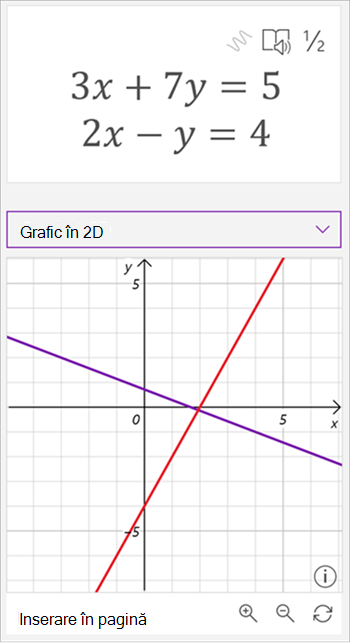 Captură de ecran cu graficul generat de Asistentul de matematică care arată ecuațiile 3 x plus 7, y egal cu 5 și 2 x minus y, egal cu 4. Graficul arată două linii care se intersectează, una violetă și una roșie.