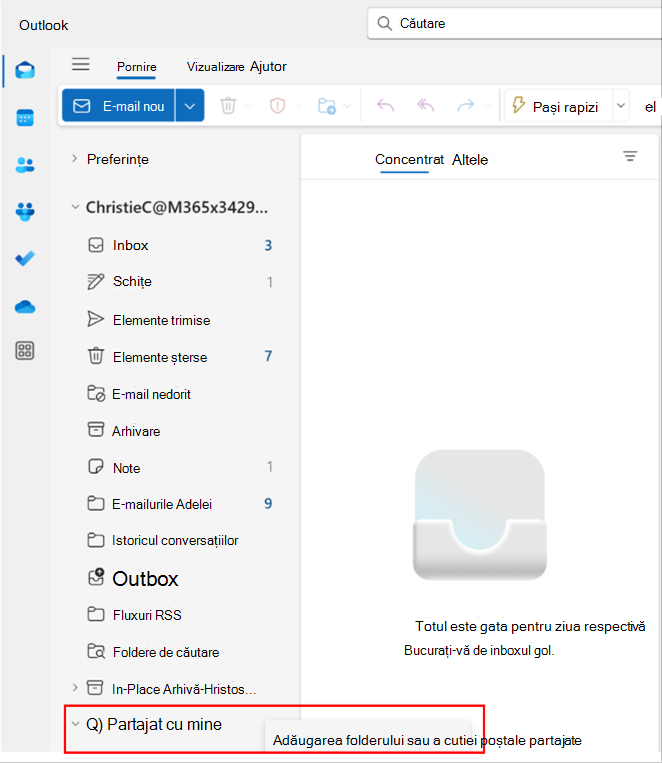 Captură de ecran cu o fereastră popup în Outlook pentru adăugarea unui folder partajat sau a unei cutii poștale