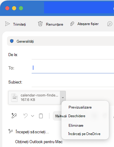Opțiunile meniului vertical de atașare a fișierelor în Outlook pentru Mac