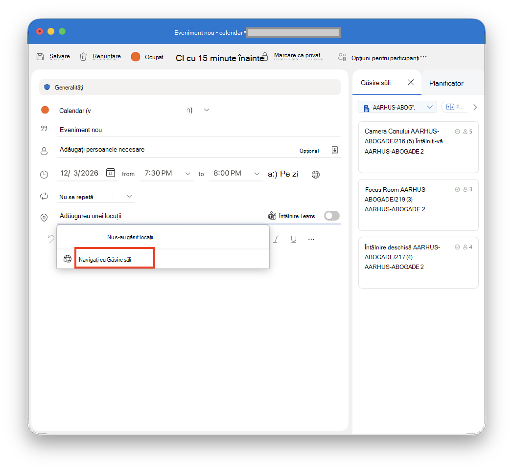 Navigați cu Găsire săli în Outlook pentru Mac