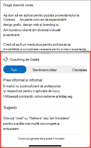 Sugestii Copilots pentru tonalitate, claritate și sentiment de cititor în Outlook pentru dispozitive mobile