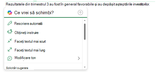 S-a selectat o parte din textul dintr-un mesaj de e-mail, iar meniul Copilot s-a extins pentru a afișa opțiunile pentru ce puteți face cu textul respectiv.