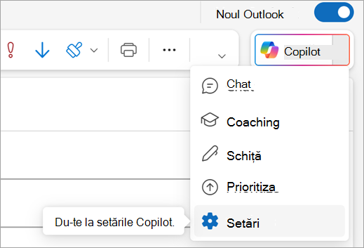 Afișează opțiunea Setări din meniul Copilot din partea dreaptă sus a Outlook.