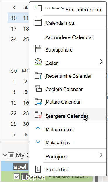 Faceți clic dreapta pe calendarul de zile de naștere pentru a-l șterge.