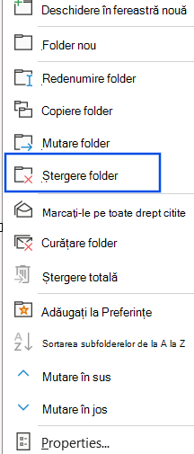 Captură de ecran a opțiunii Ștergere folder selectată în panoul de navigare.