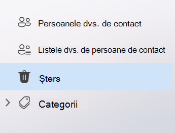Captură de ecran afișând navigarea din stânga în aplicația People în noul Outlook