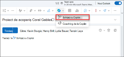 Opțiunea de meniu vertical Schițați cu Copilot în noul Outlook