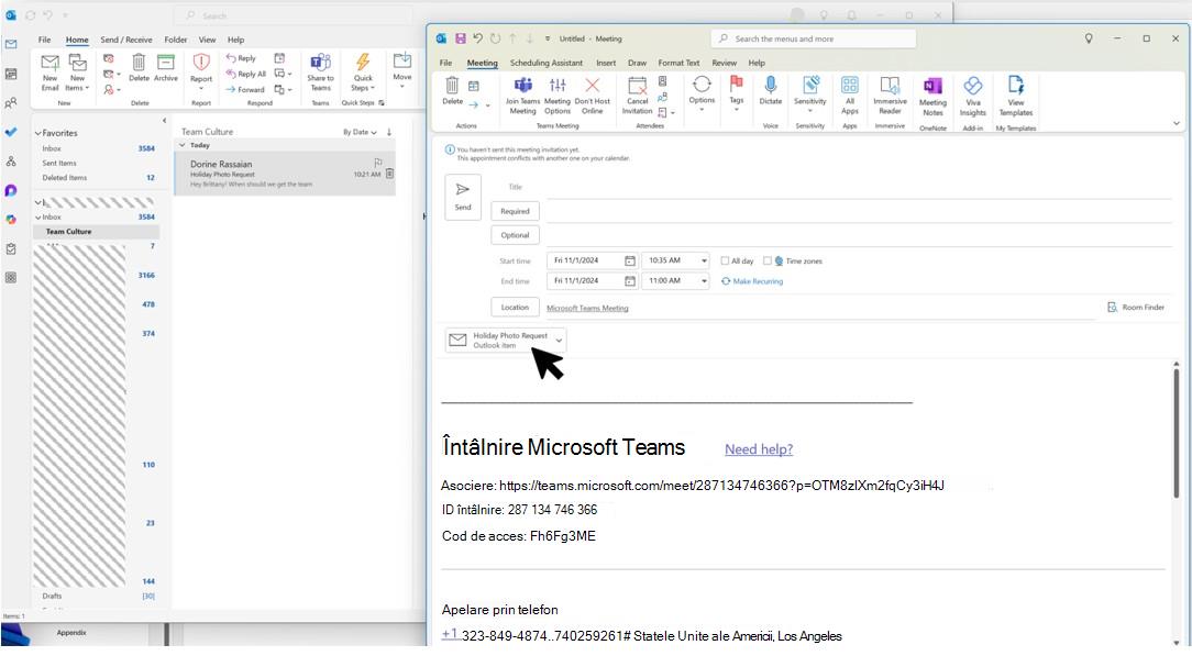 Captură de ecran cu glisarea și fixarea mesajelor de e-mail și a atașărilor în spațiul calendarului