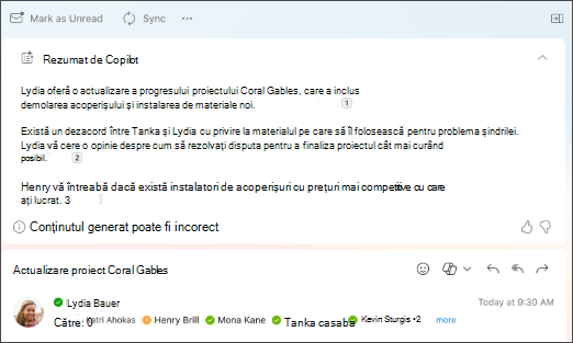 Rezumatul firului de e-mail cu citate create de Copilot