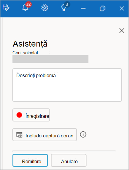 Captură de ecran a panoului de contactare a asistenței afișând zona pentru a furniza o descriere a problemei
