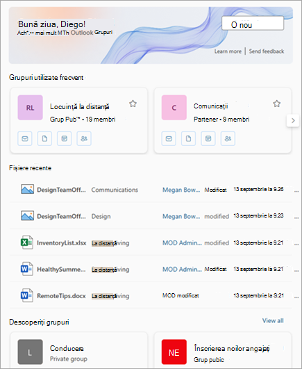 Grupurile utilizate frecvent și fișierele recente pot fi accesate din experiența Grupuri din Outlook.