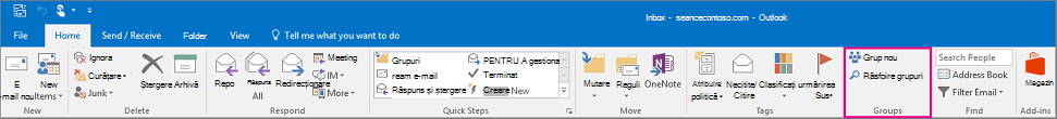 Opțiuni de grupuri din panglica principală din Outlook