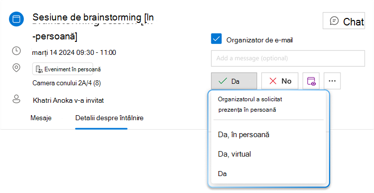 Imaginea prezintă butonul de meniu RSVP hibrid pentru Da cu lista verticală extinsă, unde se pot vedea trei opțiuni diferite: Da, în persoană, Da, virtual și Da.