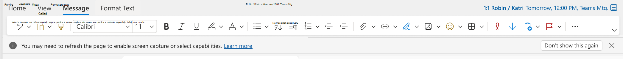 Bara de informații pentru Outlook pentru web atunci când nu este prezentă capacitatea Captură de ecran