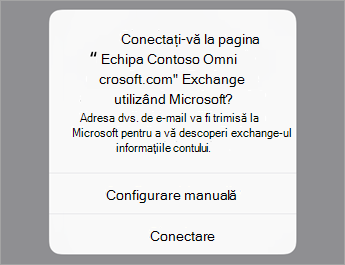 Atingeți Conectare dacă utilizați O365 sau atingeți Configurare manuală, dacă aveți setările de server ale organizației dvs.