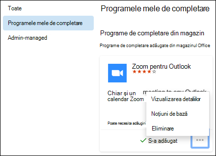 Meniul Programele mele de completare în Outlook pentru Mac.