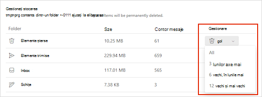 Setări de stocare pentru Outlook.com.